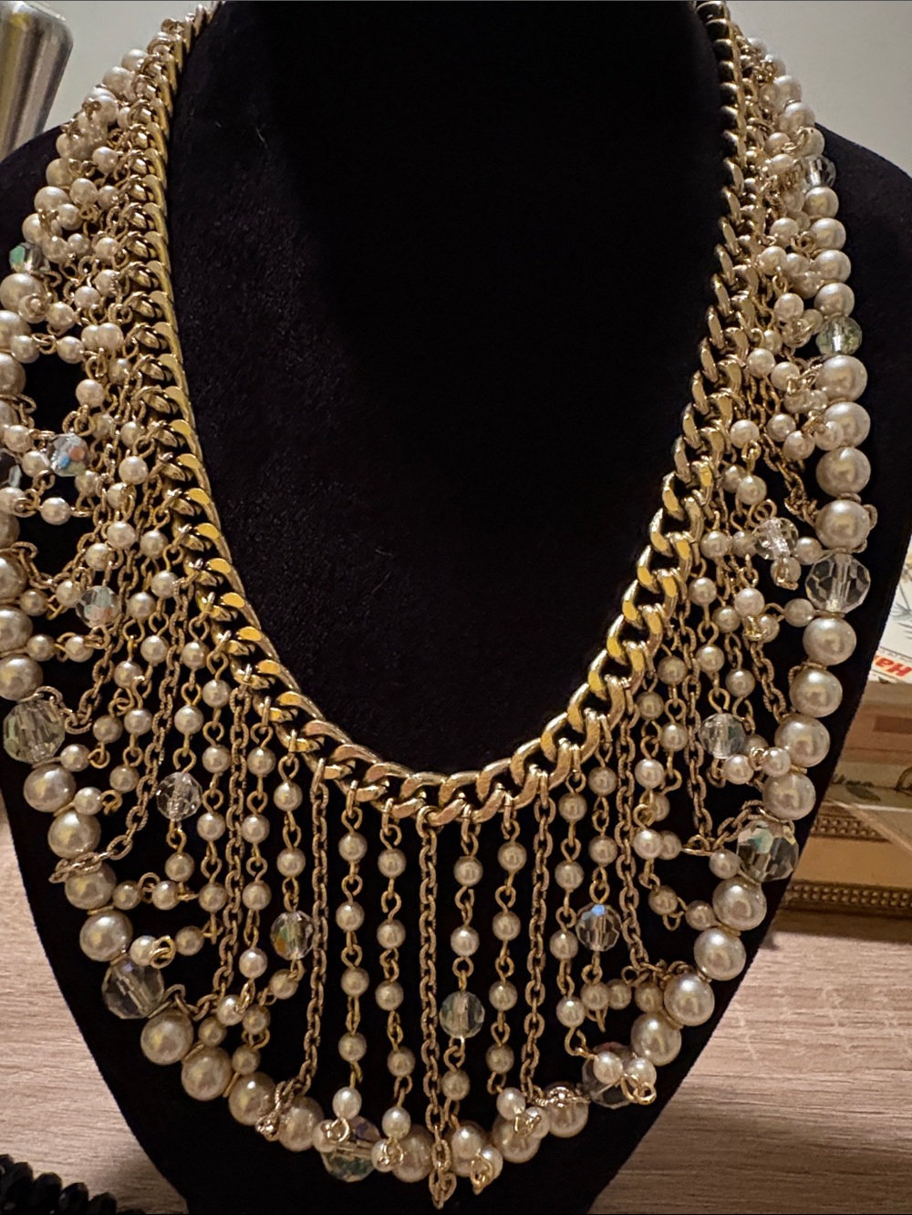 Vintage Faux pearl and crystal statement, necklace, gold tone
